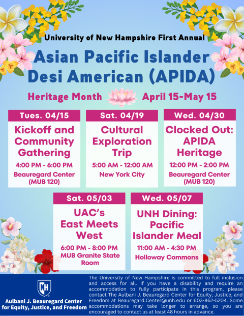 APIDA Month Calendar of Events (information included below)