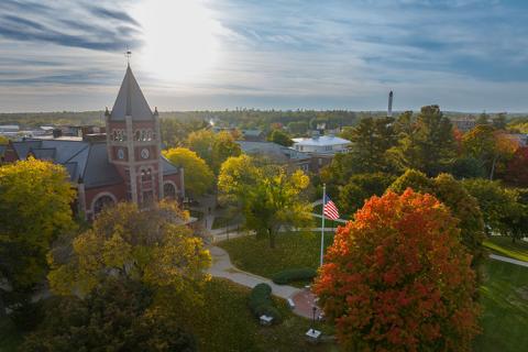 Overhead drone photo of the UNH campus in fall