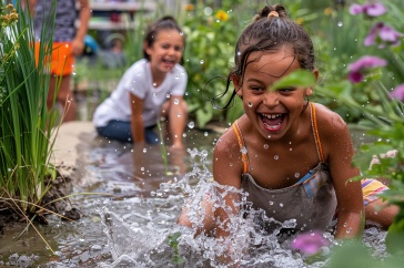Two children splash in a flooded garden